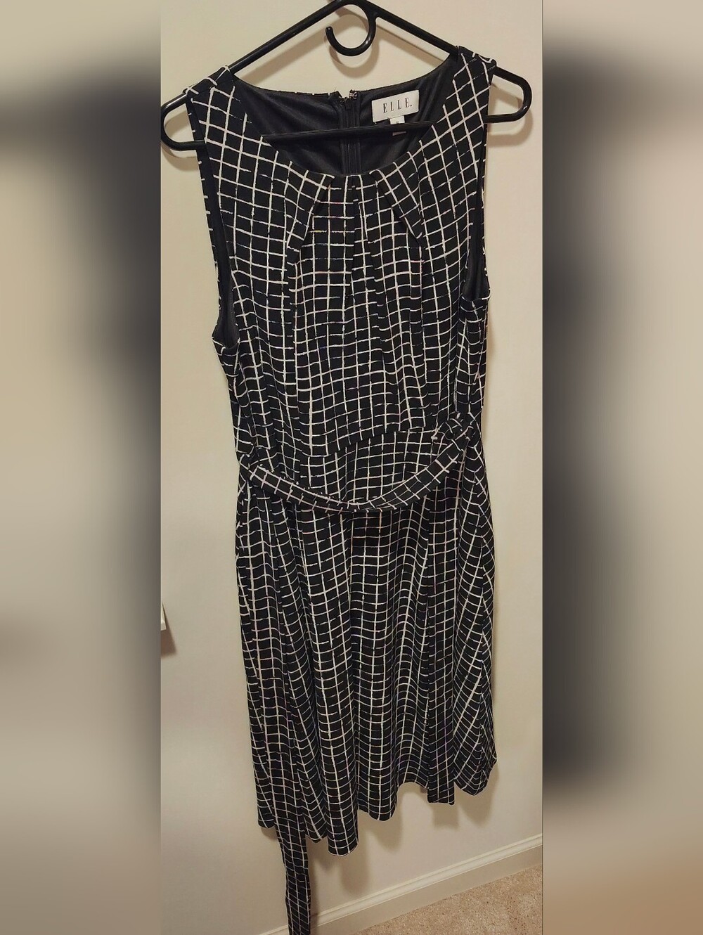 ELLE Black & White Grid Sleeveless Dress with Waist Tie